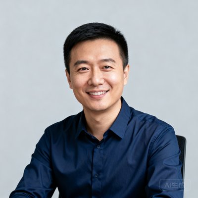 张铮，即时比分CEO，穿深蓝色衬衫微笑
